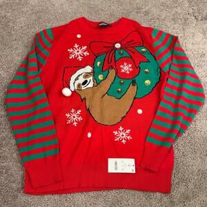 NWT Sloth Christmas Holiday Sweater Juniors XL Mad Engine Red Green Gold